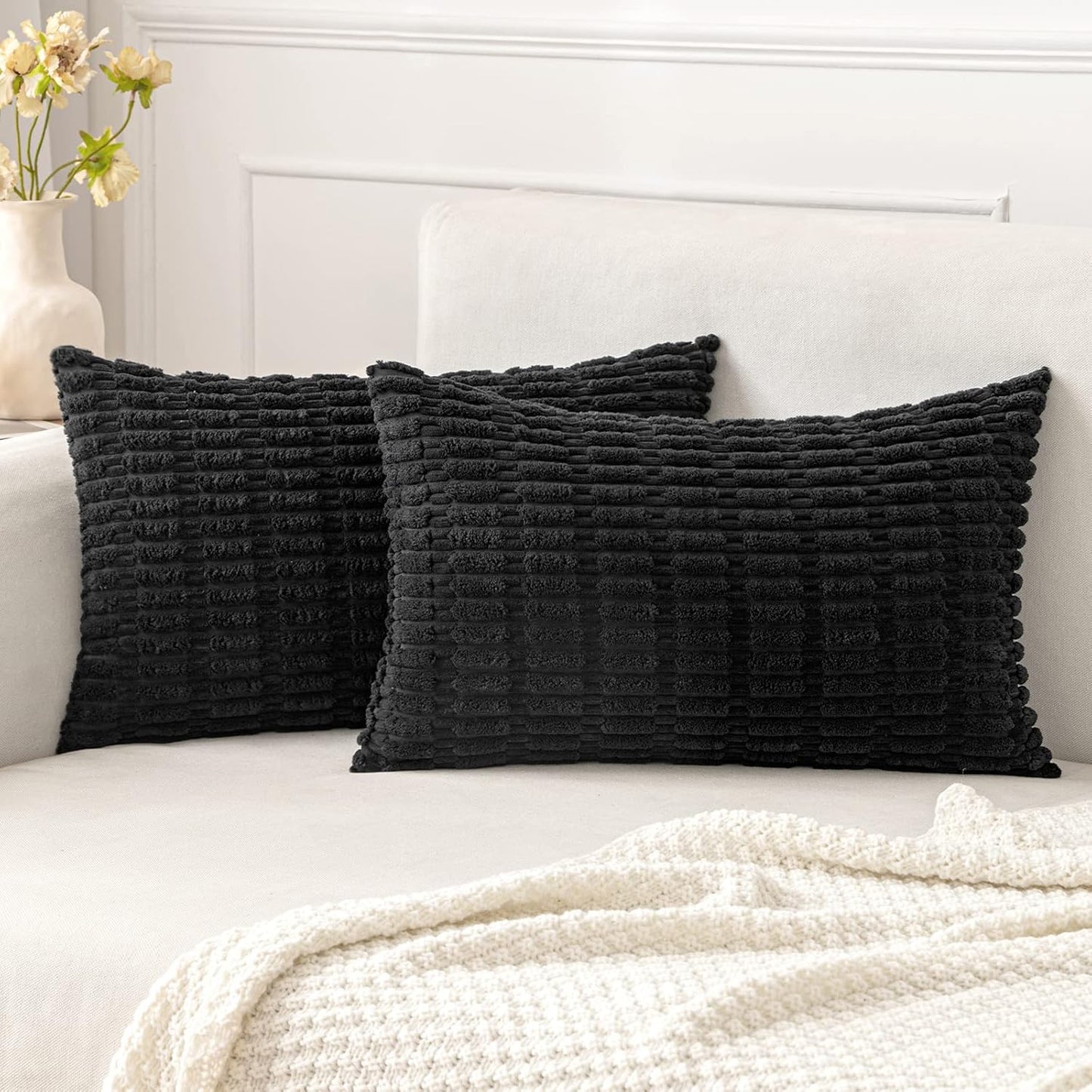 MIULEE Corduroy Lumbar Throw Pillow Covers - Soft Boho Striped Design | 20x12 Inch for Modern Home Decor