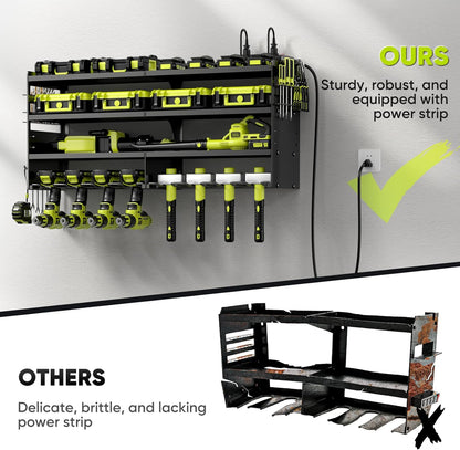 POKIPO Heavy-Duty Tool Organizer Wall Mount - 4-Layer Metal Rack with Charging Station & 8 Drill Holders