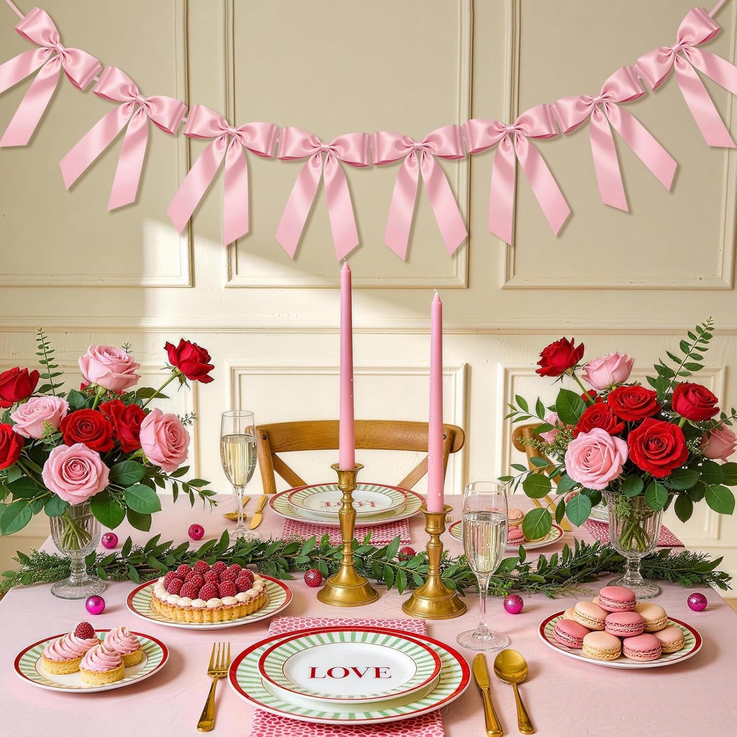 Skiennix Pink Bow Garland Banner - 8 Pre-Strung Double-Layer Satin Ribbon Bows | Reusable Valentine's Day Decor for Baby Showers & Parties