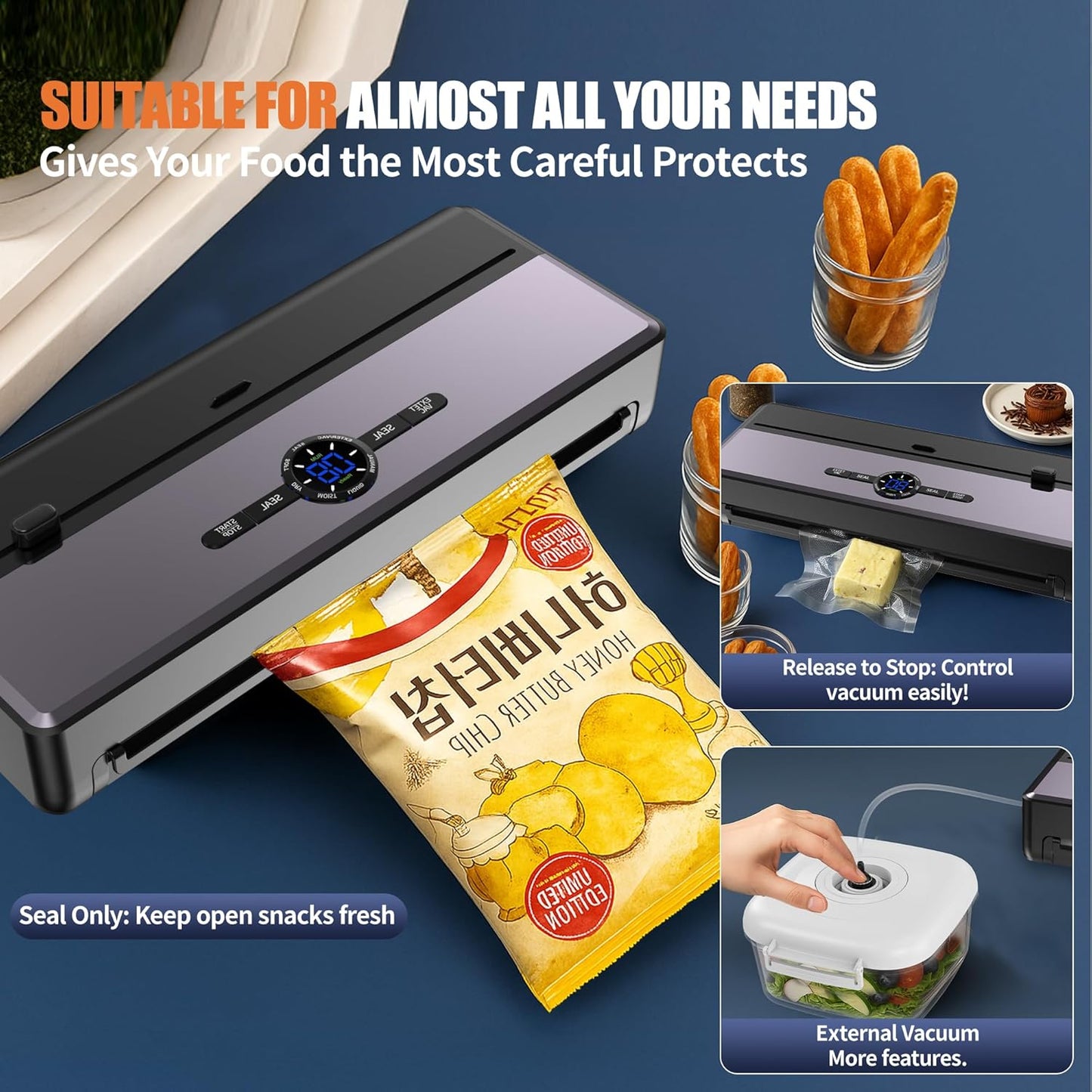 Skiennix Food Vacuum Sealer - 85KPA Strong Suction, Automatic Seal in 10-20 Secs, Includes 10 Bags & Roll