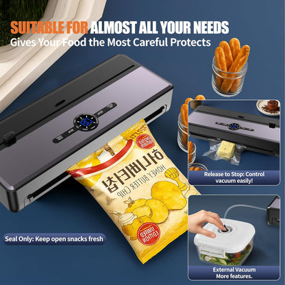 Skiennix Food Vacuum Sealer - 85KPA Strong Suction, Automatic Seal in 10-20 Secs, Includes 10 Bags & Roll