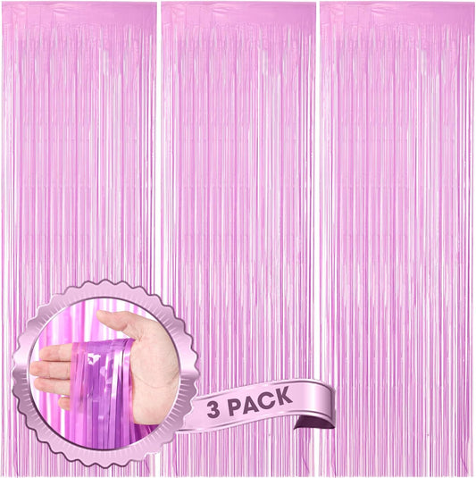 Voircoloria Foil Fringe Backdrop Curtains - 3 Pack Pastel Purple Tinsel Streamers for Parties & Events