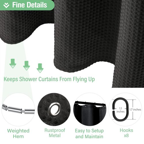 Dynamene Stall Fabric Shower Curtain - 48 inch Wide Waffle Weave Weighted Thick Cloth Shower Curtains for Bathroom, Neutral Heavy Duty Hotel Spa Luxury Bath Curtain Set with 8 Hooks, 48x72, Black