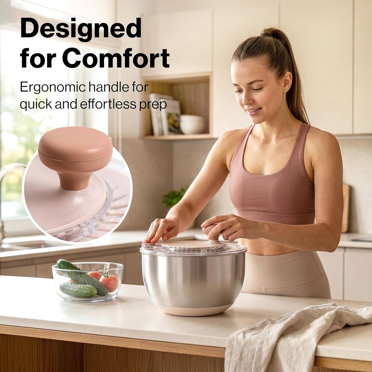 Salad Spinner Stainless Steel 5.3Qt - BPA-Free Lettuce Spinner with Stop Button & Drain Spout
