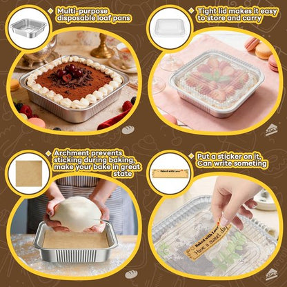 Gyreuni 30 Pack Disposable Aluminum Foil Loaf Pans with Lids & Parchment Paper | 8" x 8" Square Baking Tins