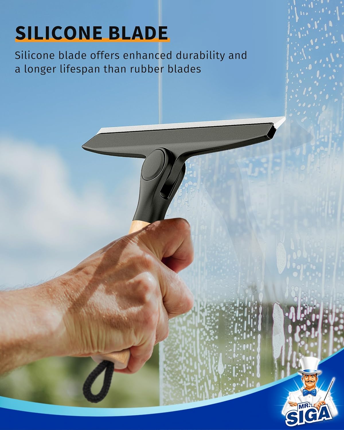 MR.SIGA Silicone Shower Squeegee - Streak-Free Cleaning with Pivoting Bamboo Handle | 10-Inch Wide, Black