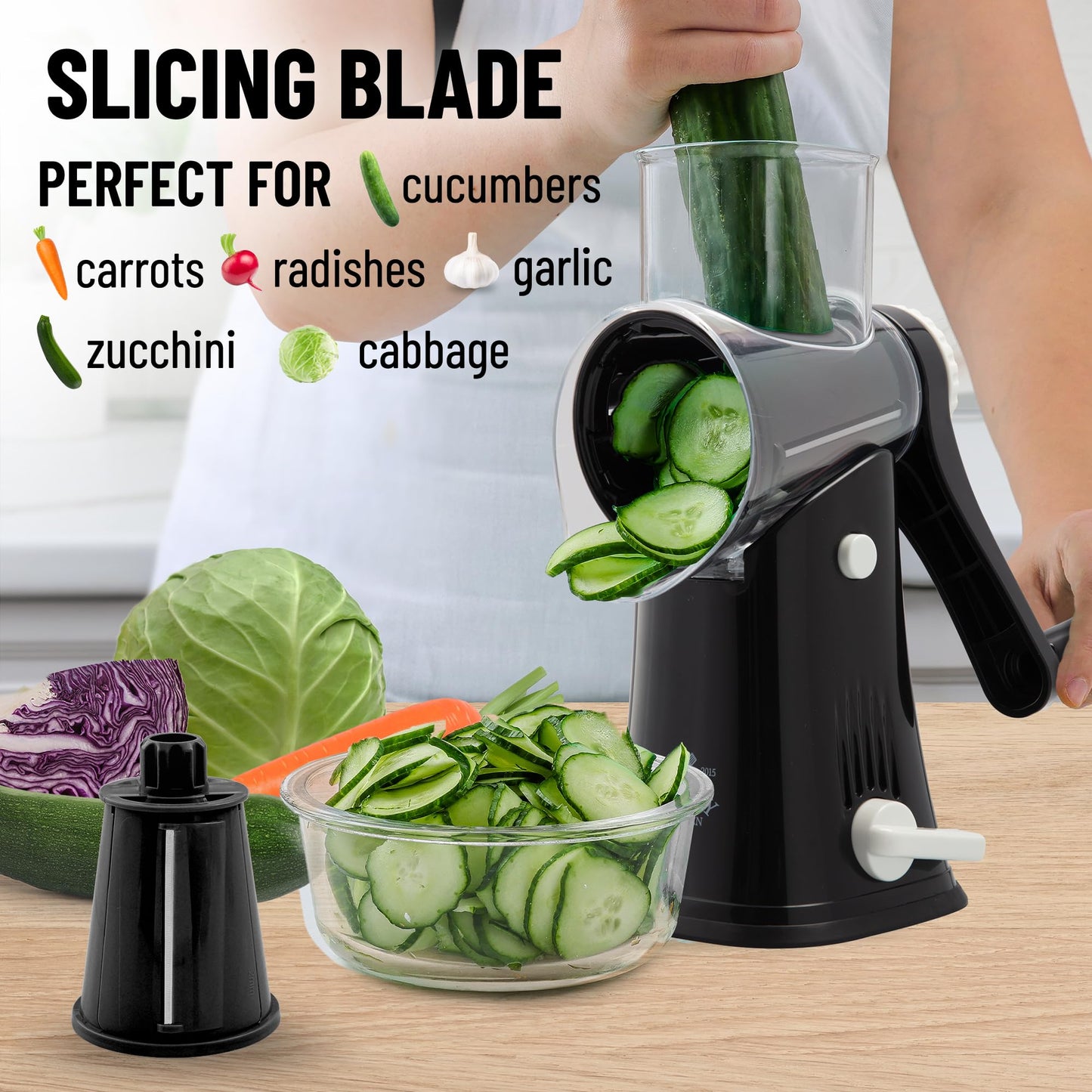 Zulay Kitchen Rotary Cheese Grater 5 Blade Cheese Shredder - Manual Hand Crank Cheese Grater With Reinforced Suction & 5 Interchangeable Drums - Easy to Use, Vegetable Chopper Round Mandoline Slicer