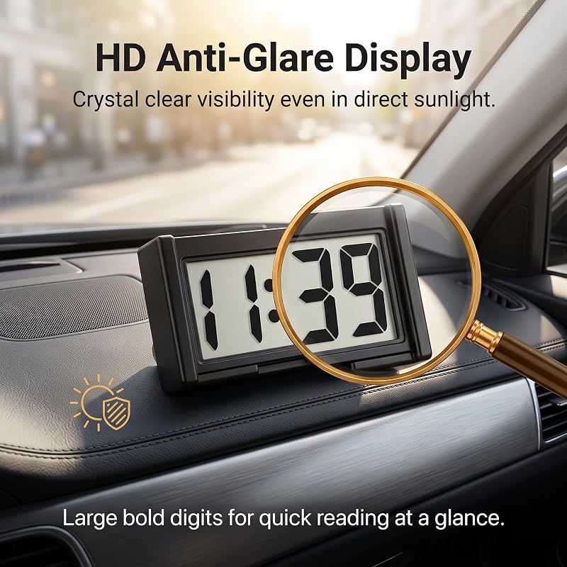 Small Digital Clock with Calendar Display – Self-Adhesive LCD Desk/Car Clock (Black)
