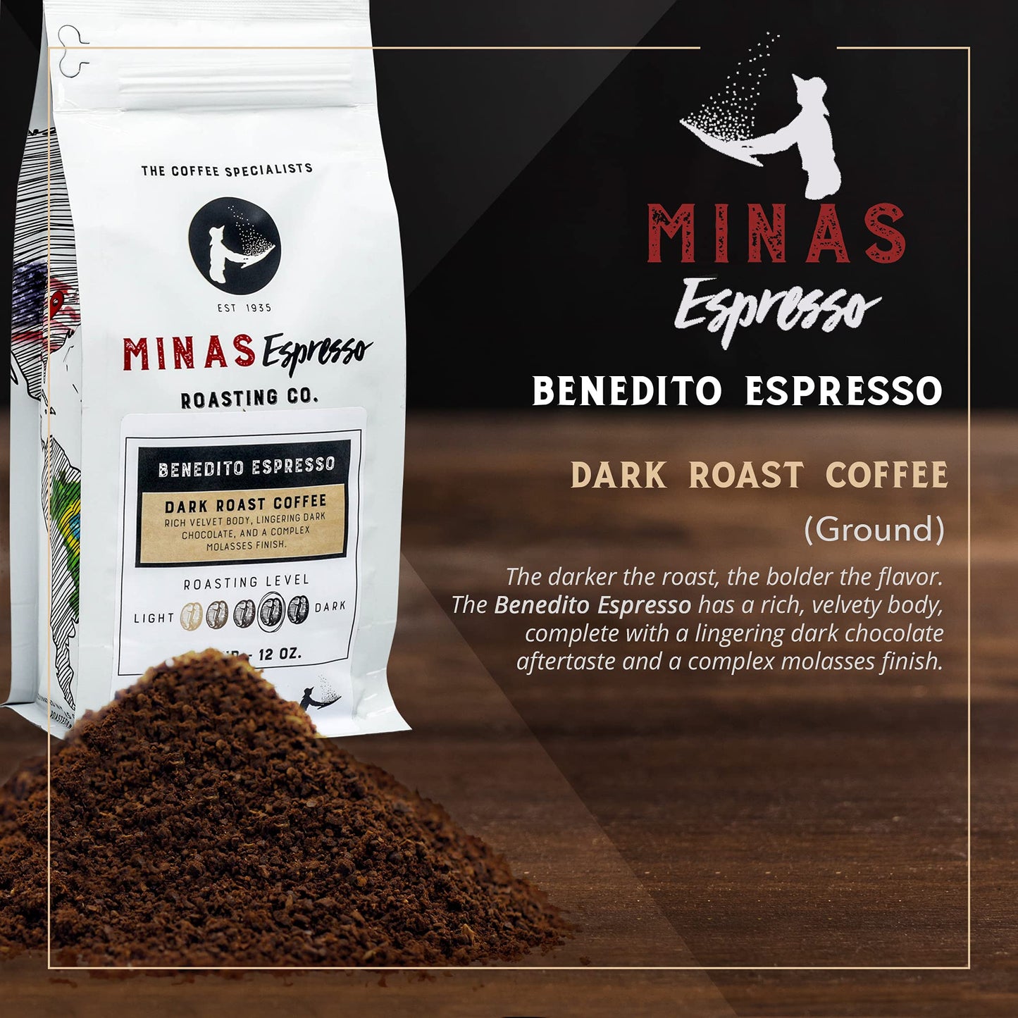 Minas Espresso – Benedito Espresso – Dark Roast Ground Coffee Single Origin Imported Brazilian Coffee – Direct Trade – 12oz Bag