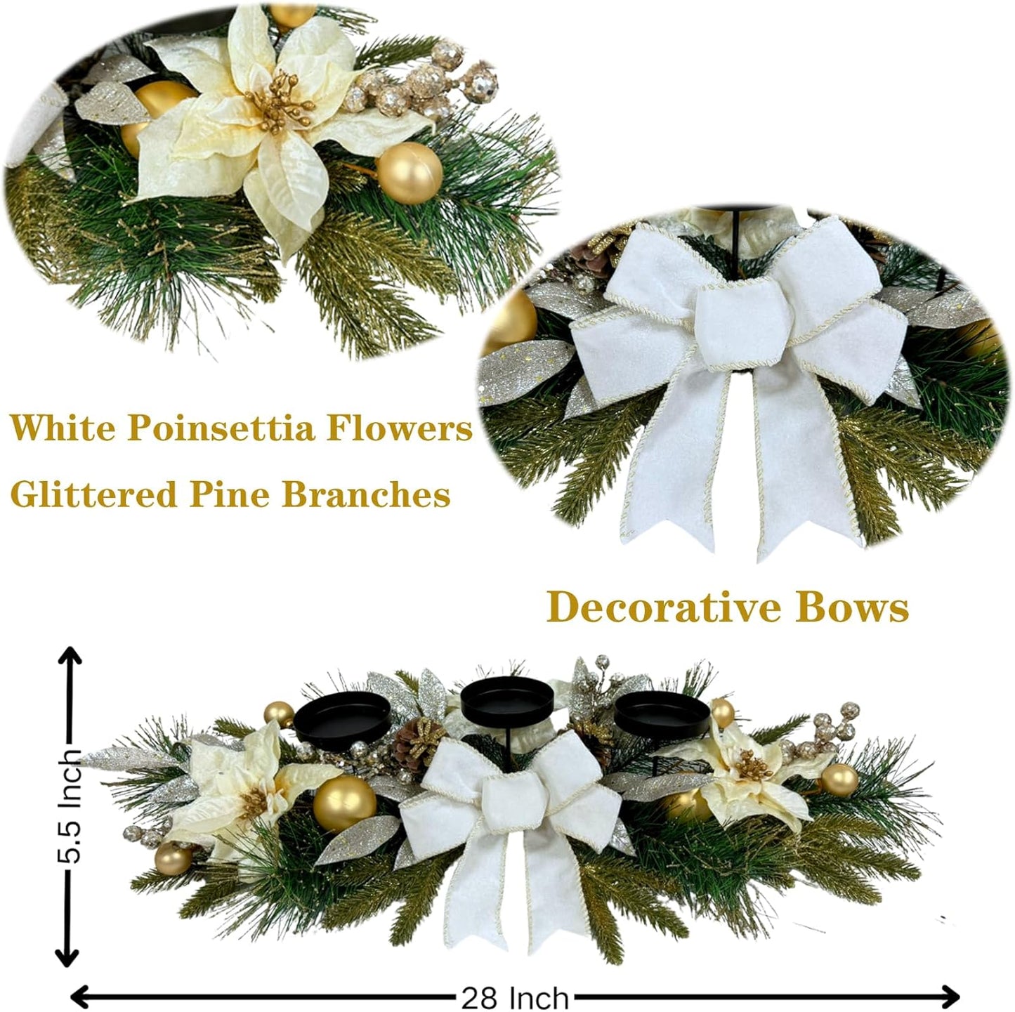 Svndlyn Christmas Candle Holders - Elegant 3-Piece Centerpiece with Poinsettia Flowers & Glitter Pine Branches