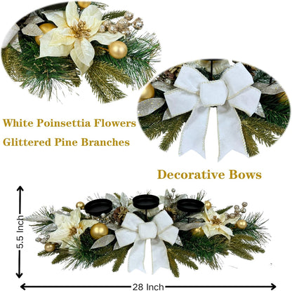 Svndlyn Christmas Candle Holders - Elegant 3-Piece Centerpiece with Poinsettia Flowers & Glitter Pine Branches