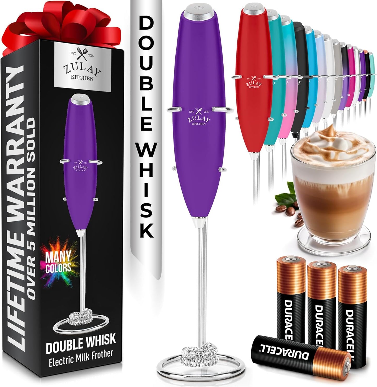 Zulay Kitchen Milk Frother - Powerful Handheld Whisk for Coffee, Lattes & Matcha | Includes 4 Duracell Batteries