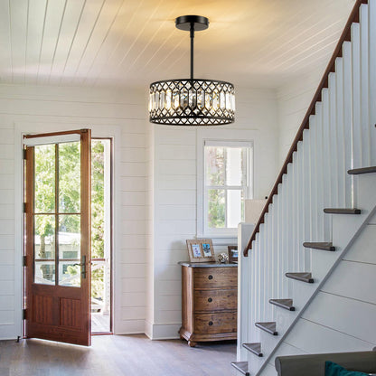 Rpzloila 2-Light Crystal Ceiling Light Fixture, Modern Semi Flush Mount Ceiling Light, Black Crystal Chandelier for Kitchen Bedroom Bathroom Entryway Hallway