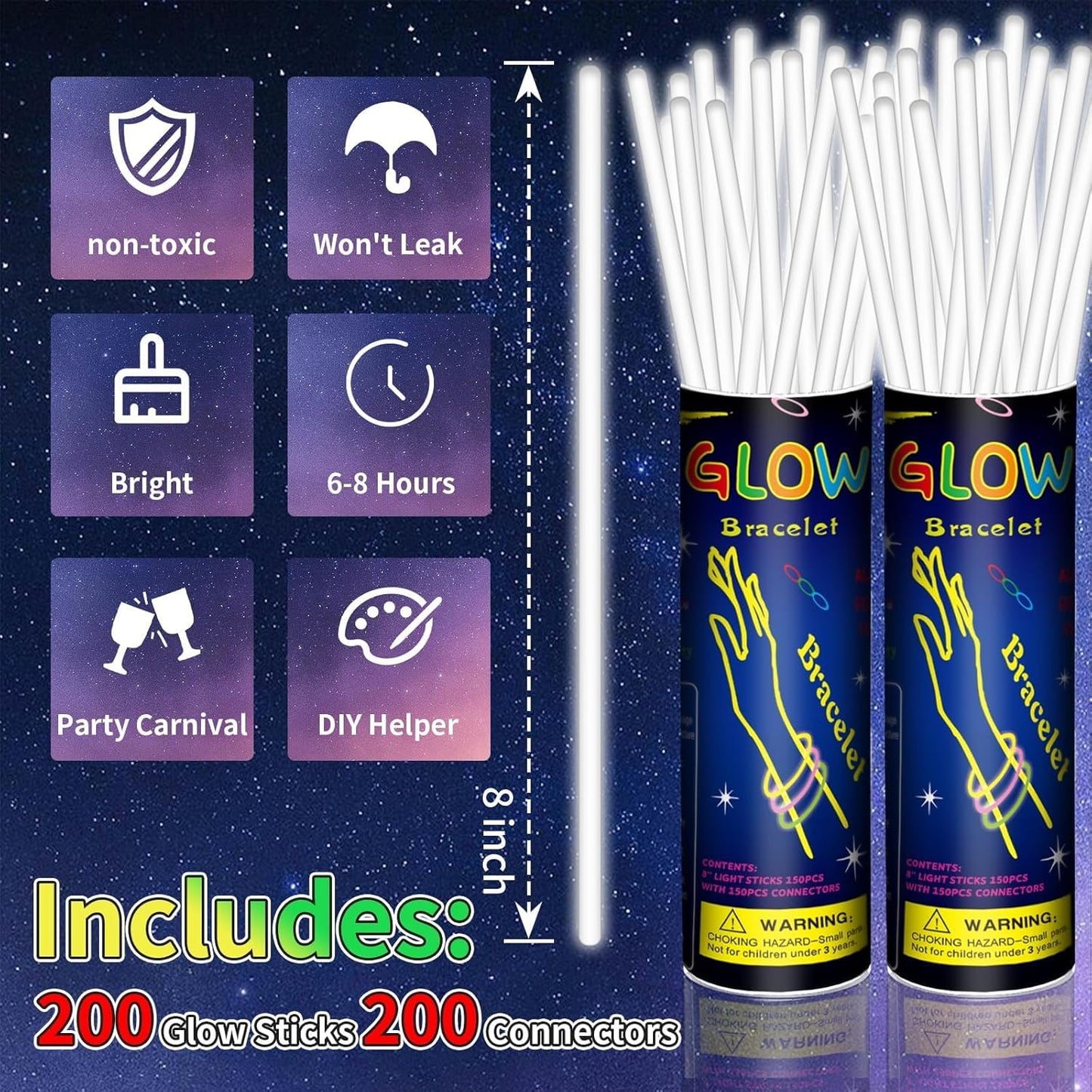 Skiennix 200 Pack Glow Sticks - 8'' White Light Up Party Favors with Connectors | Neon Glow Bracelets for Celebrations