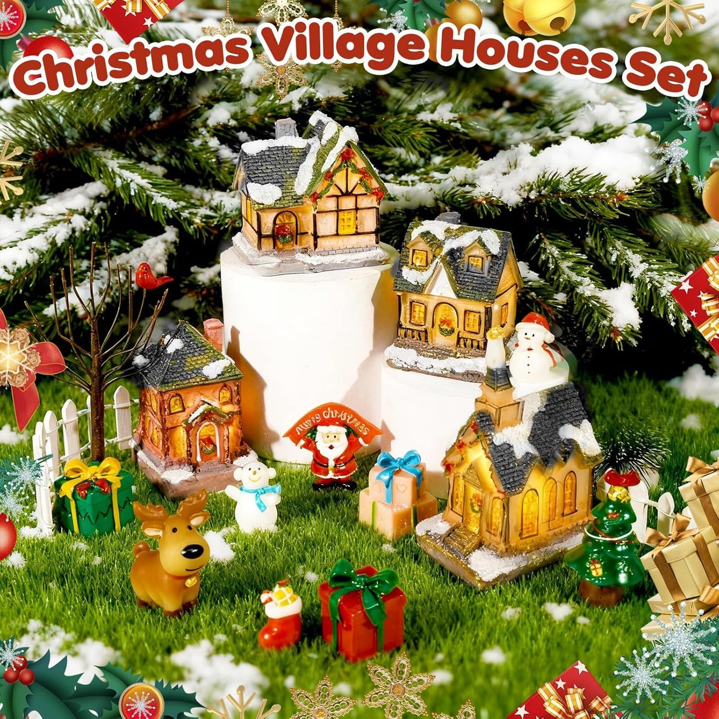 Warmtree Christmas Village Houses Set - 22 Pcs Resin Figurines for Holiday Home Decor | Santa & Snow Scene
