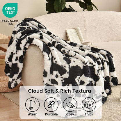 PHF Cute Cow Print Sherpa Throw Blanket for Girls Boys Teens Kids, Thick and Warm Reversible Blanket for Winter, Ultra Soft Fuzzy Animal Pattern Blanket for Bed Sofa Couch, 50x60, Black