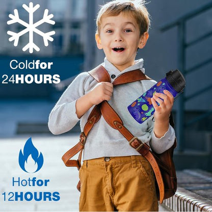 GOPPUS Kids Water Bottle - 18oz Vacuum Insulated Stainless Steel Tumbler | Blue Space Dinosaur Design