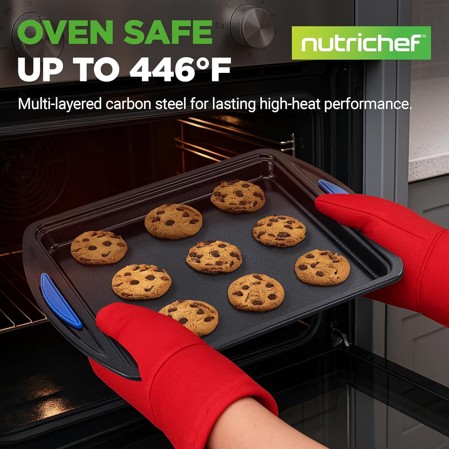 NutriChef Nonstick Cookie Sheets Set - 3-Piece Carbon Steel Bakeware with Silicone Handles | Durable & Oven Safe