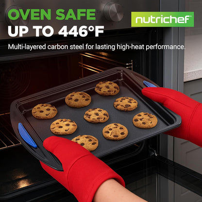 NutriChef Nonstick Cookie Sheets Set - 3-Piece Carbon Steel Bakeware with Silicone Handles | Durable & Oven Safe