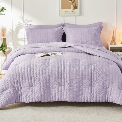 HYMOKEGE Lavender Full Size Comforter Sets Seersucker 7 Pieces, All Season Luxury Bed in a Bag for Bedroom, Bedding Set with Comforters, Sheets, Pillowcases & Shams