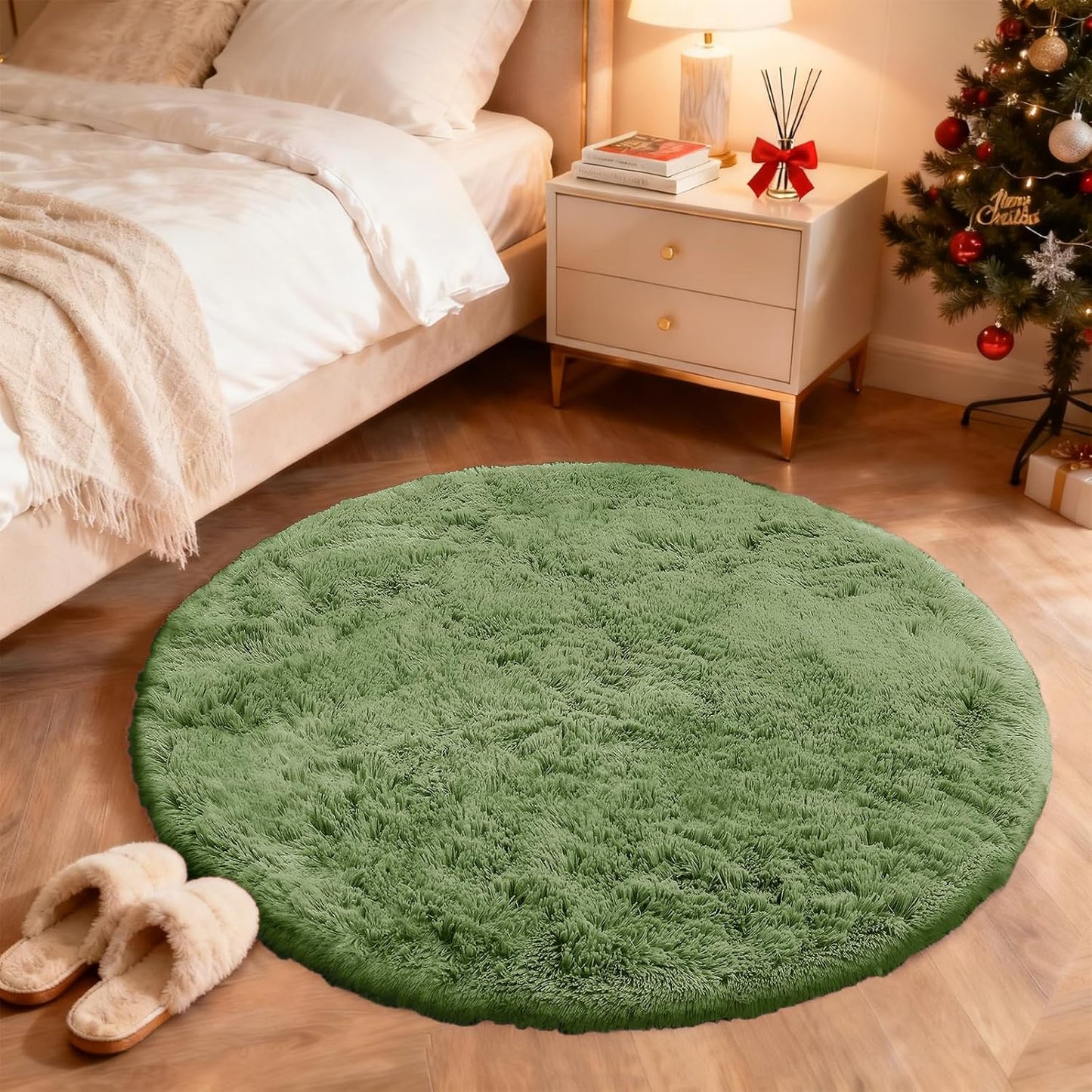 OLANLY Green Round Area Rug - Soft, Fluffy, Machine Washable 4 ft Circle Carpet for Bedroom & Living Room Decor