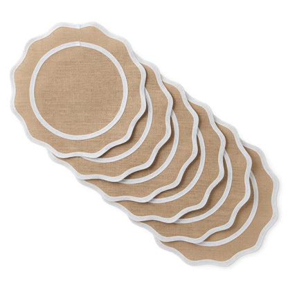 MARTHA STEWART Hessian Textured Wedge Border Placemats 6-Pack Set, 100% Natural Jute & Burlap, Woven Scallop Border Placemat, Natural/White, 15”x15” Round