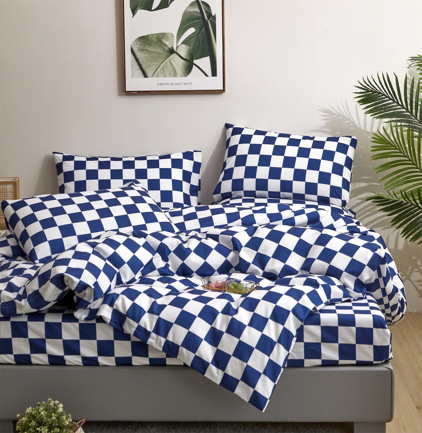 Luxlovery Blue Plaid Comforter Set Cal King Blue Grid Bedding Comforter Set California King Check Buffalo Modern Chic Blanket Soft Breathable Bright Blue Geometric Abstract Bedding Set