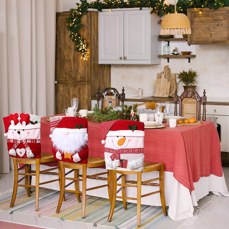 Classic Christmas 4-Pack Chair Back Covers Set – Santa, Snowman, Reindeer, 50 x 60 cm