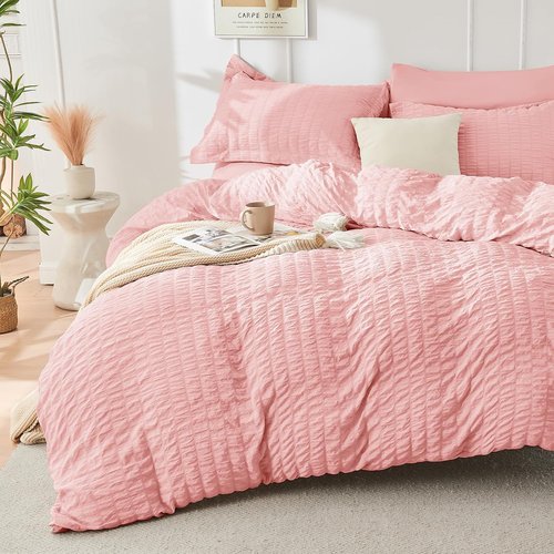 HYMOKEGE Comforter Set - Luxury Rose Pink 7-Piece Bedding Set for All Seasons | Full Size with Sheets & Pillowcases