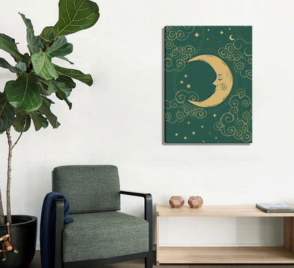 2pcs Fantastic Celestial Sun and Moon Wall Art Pictures, Astrology Posters Prints, Gold and Green Canvas Paintings, Tarot Cards Bohemian Wall Decor Medieval European Bedroom Decor, Living Room