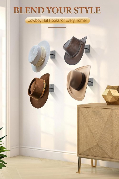 Cinati Cowboy Hat Rack - 4 Pack Wall-Mounted Rustic Metal Hat Holders | Ideal for Cowboy, Fedora & Sun Hats