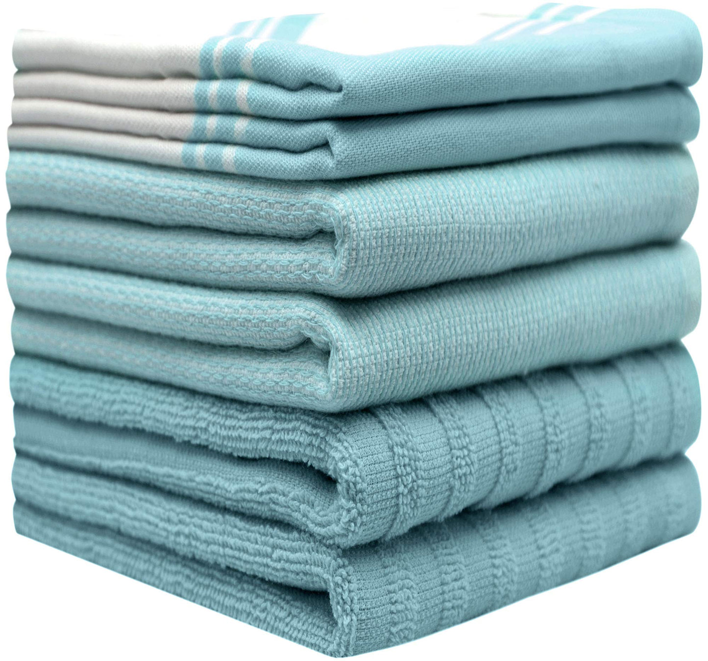 Premium Kitchen Towels (20”x 28”, 6 Pack) | Large Kitchen Hand Towels | Kitchen Towels Cotton | Flat & Terry Towel | Highly Absorbent Tea Towels Set with Hanging Loop | Wide Stripe Aqua