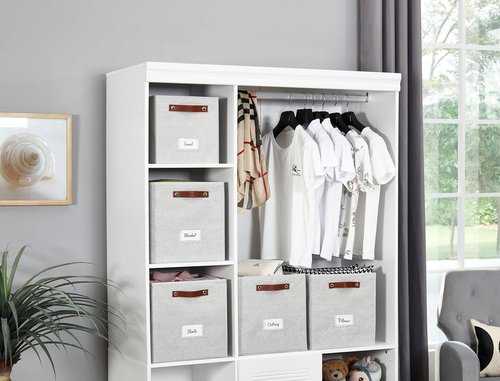 DECOMOMO Storage Baskets - 13x15x13 Cube Bins with Labels for Organized Shelves | Light Grey (4-Pack)