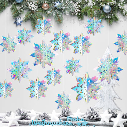 Skiennix 12Pcs Winter Snowflake Ornaments - 3D Iridescent Hanging Decorations | Perfect for Holiday Home Decor