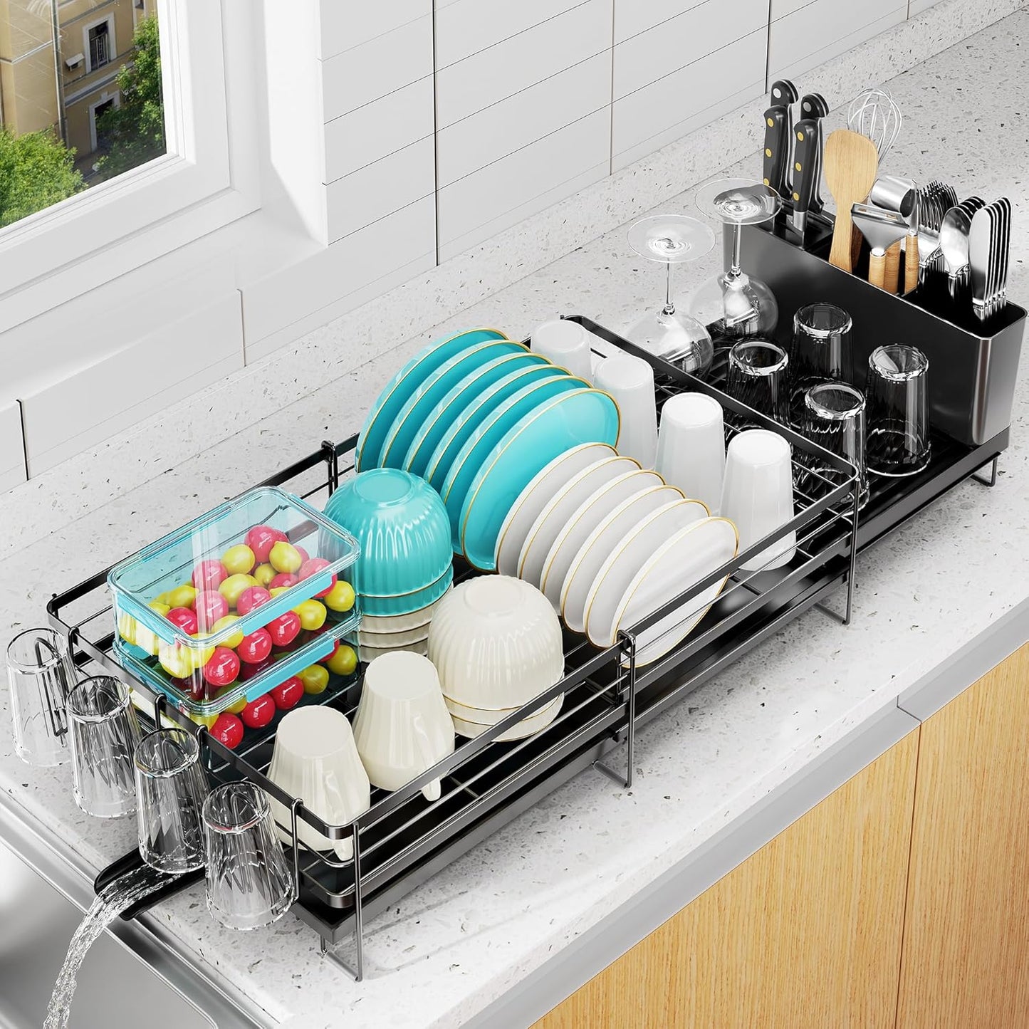 Skiennix Large Dish Drying Rack - Expandable Kitchen Counter Drainer with Utensil & Cup Holder | 13.4"-28.7" L x 11.8" W