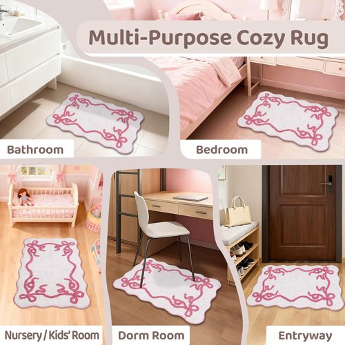 Barossa Design 100% Cotton Pink Bow Bathroom Rug - Scalloped Cute Tufted Bow Bath Mat, Soft Breathable Cotton Bathmat for Bathroom Decor, Non-Slip Hot Melt Adhesive Backing & Washable, 20"x32"