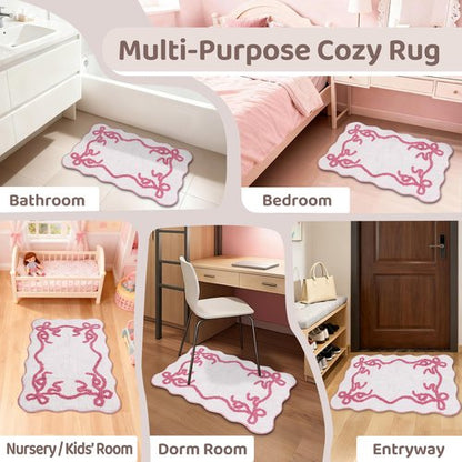 Barossa Design 100% Cotton Pink Bow Bathroom Rug - Scalloped Cute Tufted Bow Bath Mat, Soft Breathable Cotton Bathmat for Bathroom Decor, Non-Slip Hot Melt Adhesive Backing & Washable, 20"x32"