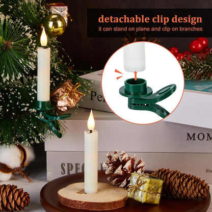 Skiennix 12-Pcs LED Taper Candle Set - Flameless 3D Wick Ivory Candles with Clip-On Design & Remote Timer