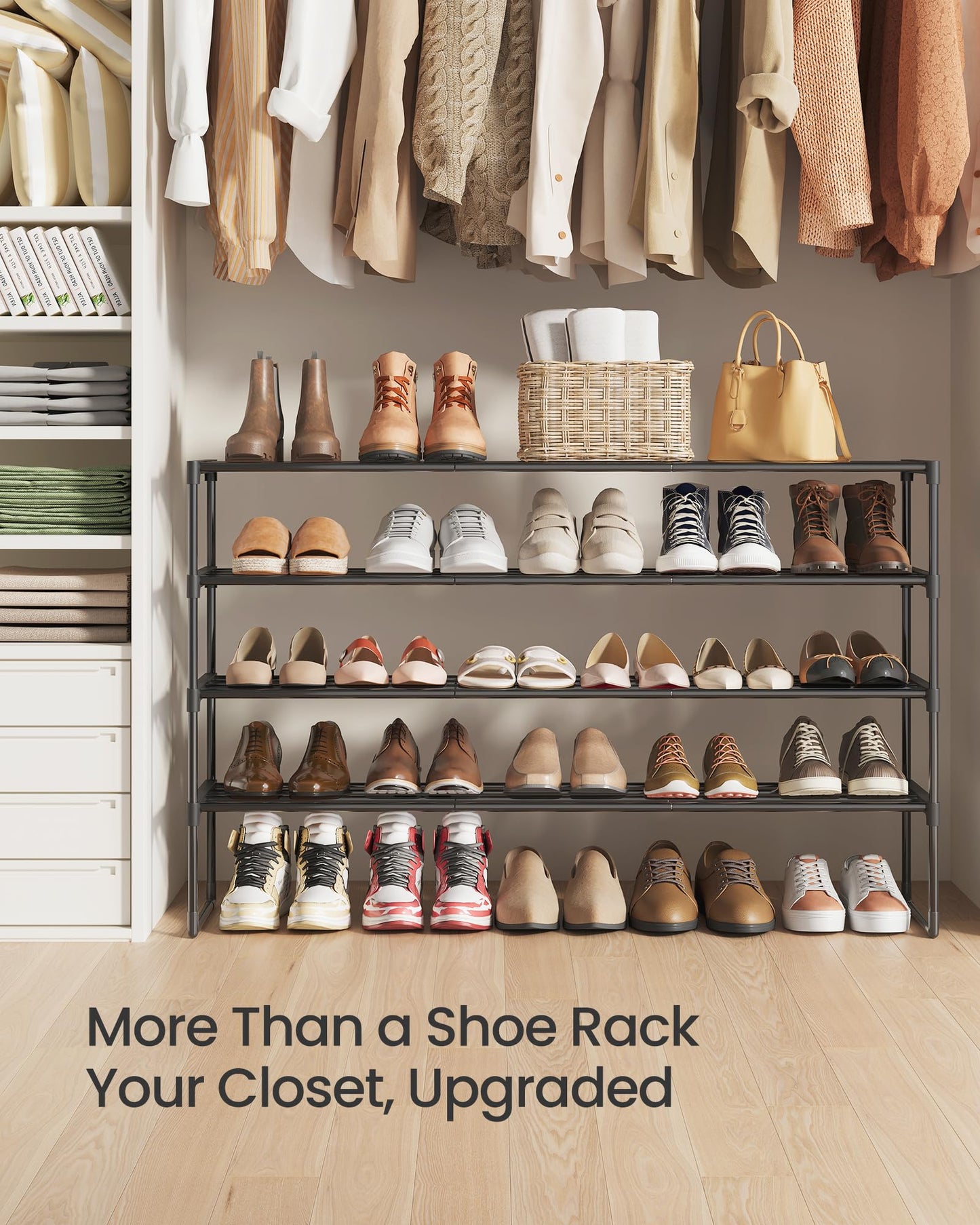 SONGMICS Shoe Rack, 4-Tier Shoe Organizer, Metal Storage Shelf, Upright or Upside Down, for 25-30 Pairs, Stackable, for Entryway, 11.8 x 46.1 x 28.4 Inches, Black ULSA034B01