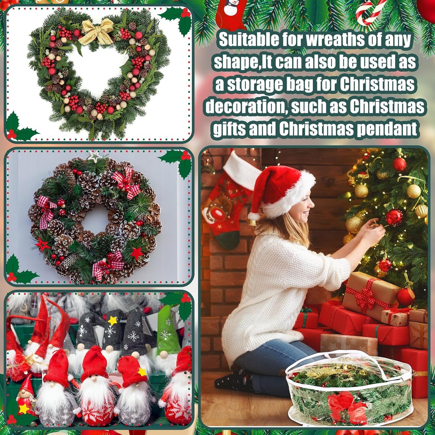 Shappy Clear Christmas Wreath Storage Bag - 24-Inch Wreath Container with Dual Zippers & Reinforced Handles