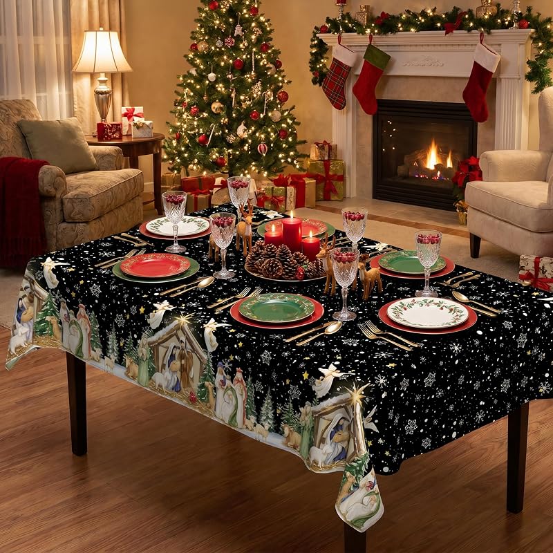 Christmas Nativity Tablecloth 60 x 120 Inch Rectangular - Black Snowflake Star Angel Manger Border