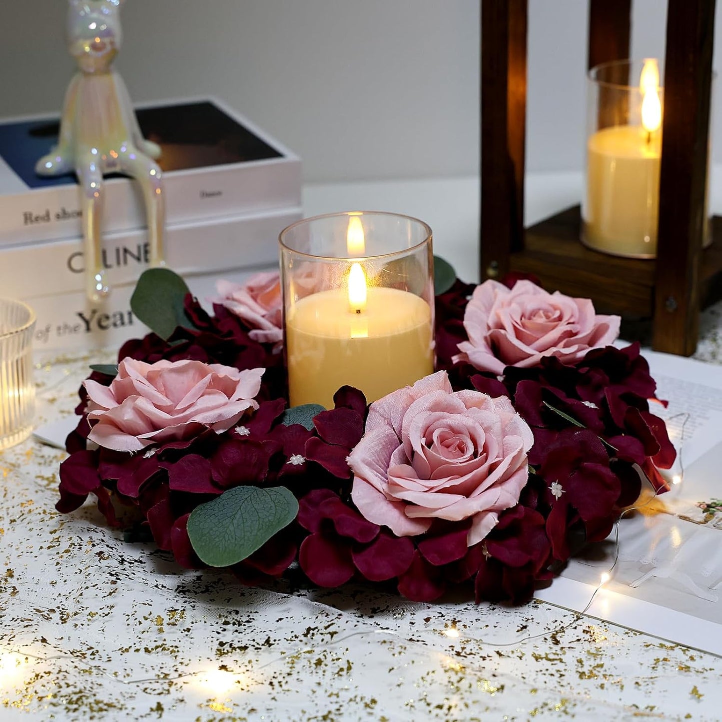 Skiennix Artificial Flower Candle Rings - 6-Inch Rose Floral Wreaths with Butterflies | Burgundy & Dusty Pink
