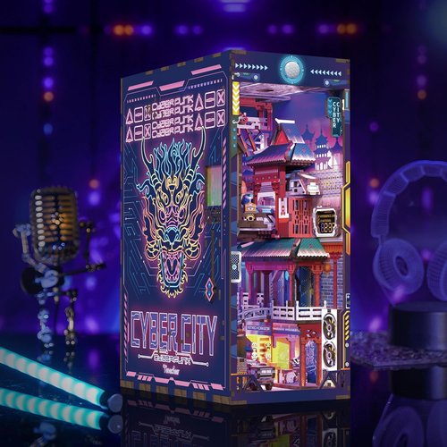Hands Craft DIY Book Nook Kit - Cyber City Miniature Puzzle with LED Lights & Precision-Cut Pieces