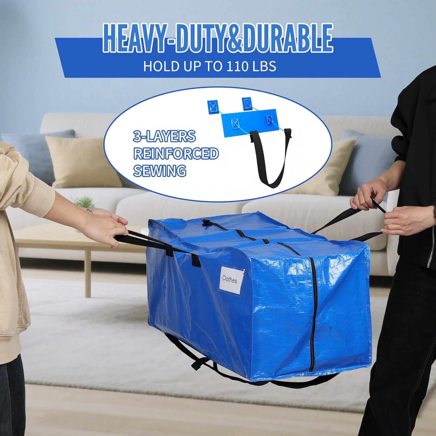 BAGAIL Heavy Duty Moving Bags - Extra Large Storage Totes with Strong Handles | 6 Pack, Blue
