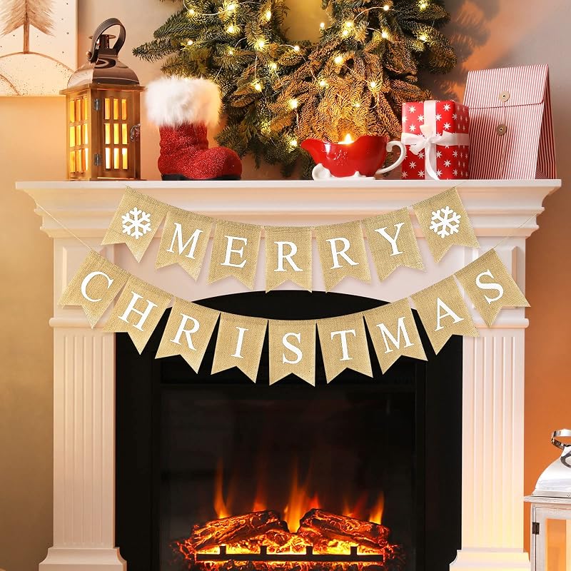 Merry Christmas Burlap Banner Set - 16 Pcs Pre-Assembled Snowflake Garlands