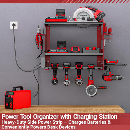 YYR Power Tool Organizer - Heavy-Duty Wall Mount with Charging Station & Battery Storage Rack - Red