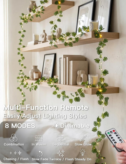 Suddus Vines with Fairy Lights - 33ft 100 LED Monstera Leaves String Lights | Battery & USB Powered, Remote Control for Indoor Tropical Decor