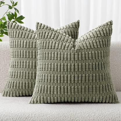 MIULEE Corduroy Throw Pillow Covers - Soft Boho Striped Design | 18x18 Inch Light Olive Green for Modern Home Decor