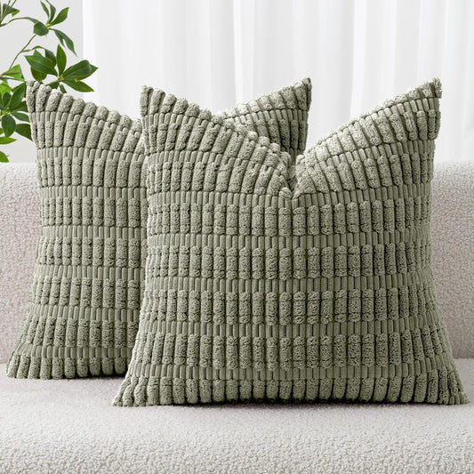 MIULEE Corduroy Throw Pillow Covers - Soft Boho Striped Design | 16x16 Inch Light Olive Green