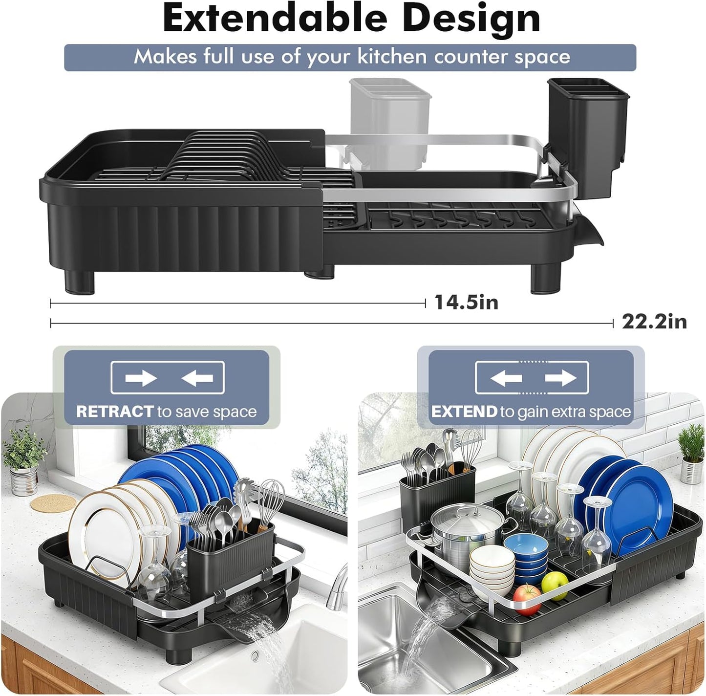 Skiennix Dish Drying Rack - Expandable Stainless Steel Drainer with Utensil Holder | Black